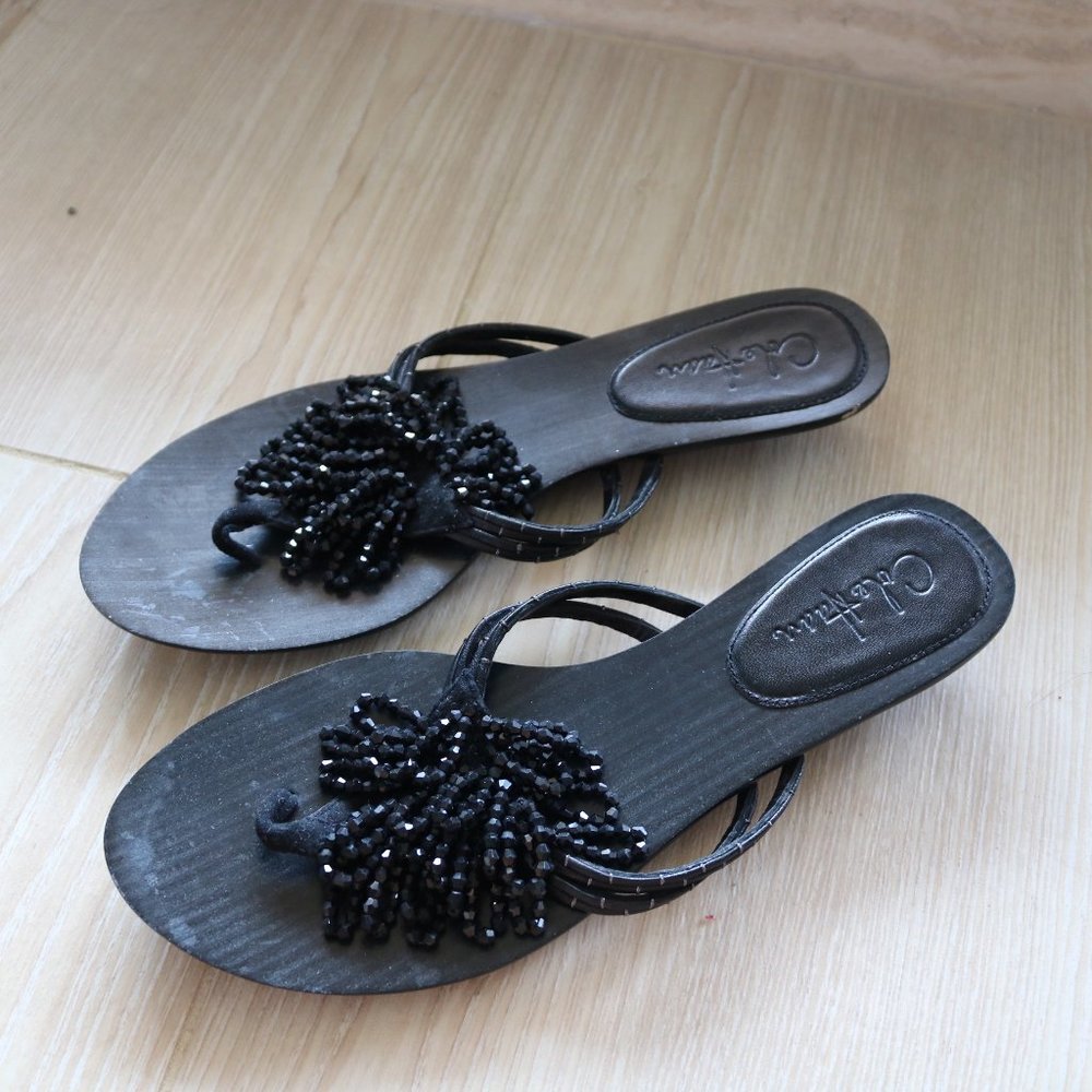Cole Haan Black Heel Flip Flops with jewel accent